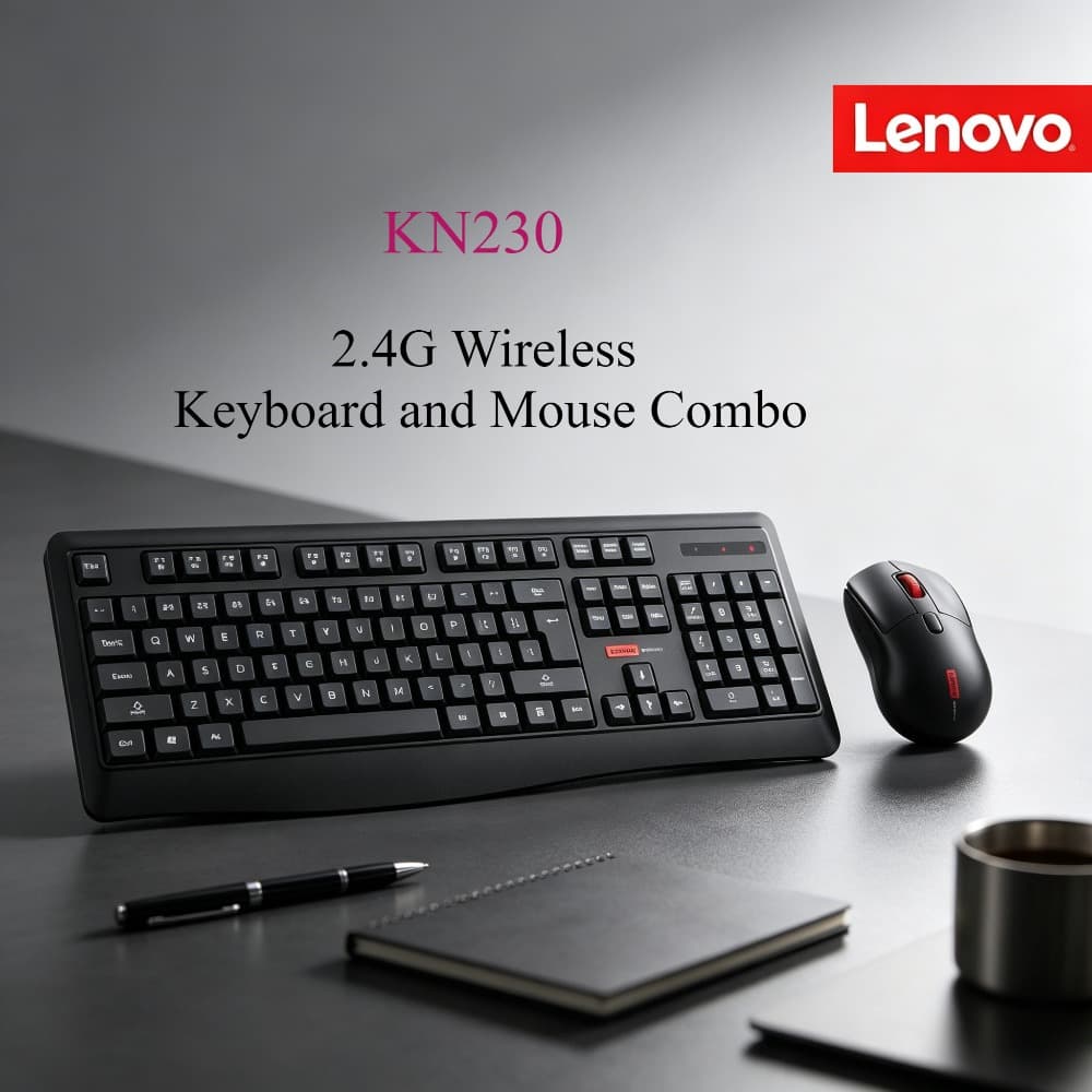 Teclado e Mouse Sem Fio Lenovo KN230 2.4G Combo Teclado Completo 104 Teclas Silencioso em Formato Chocolate para PC