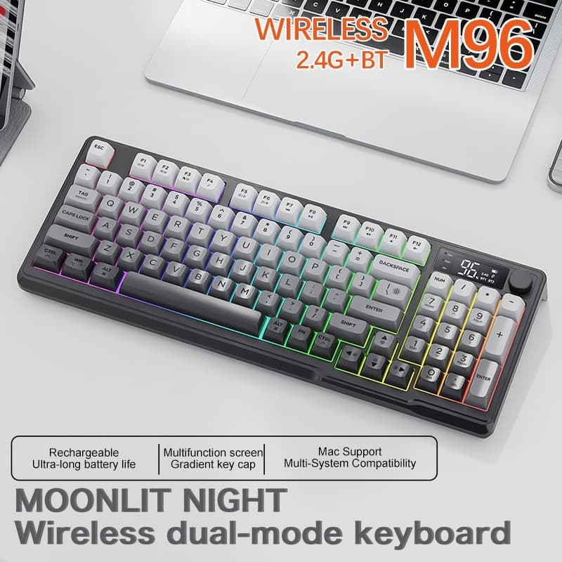 Teclado sem fio FREEWOLF M96, teclas com gradiente, OLED RGB, teclado gamer