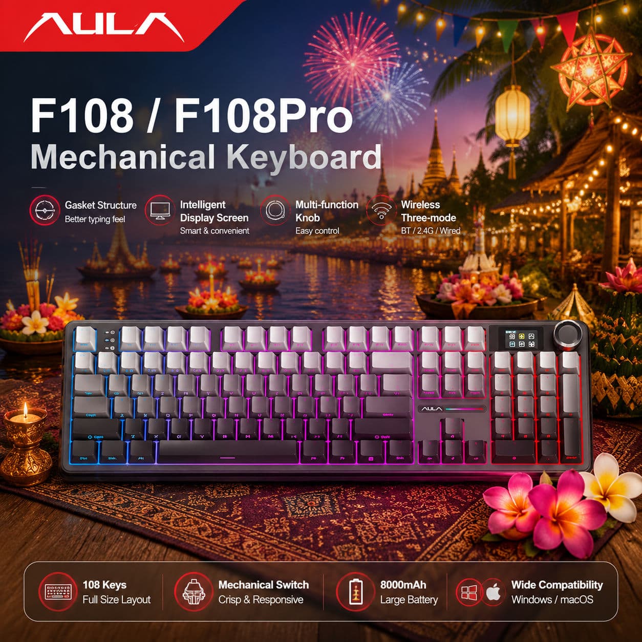 Teclado Mecânico AULA F108 RGB, Intercambiável Quente, Teclado Gamer de Layout Completo para PC