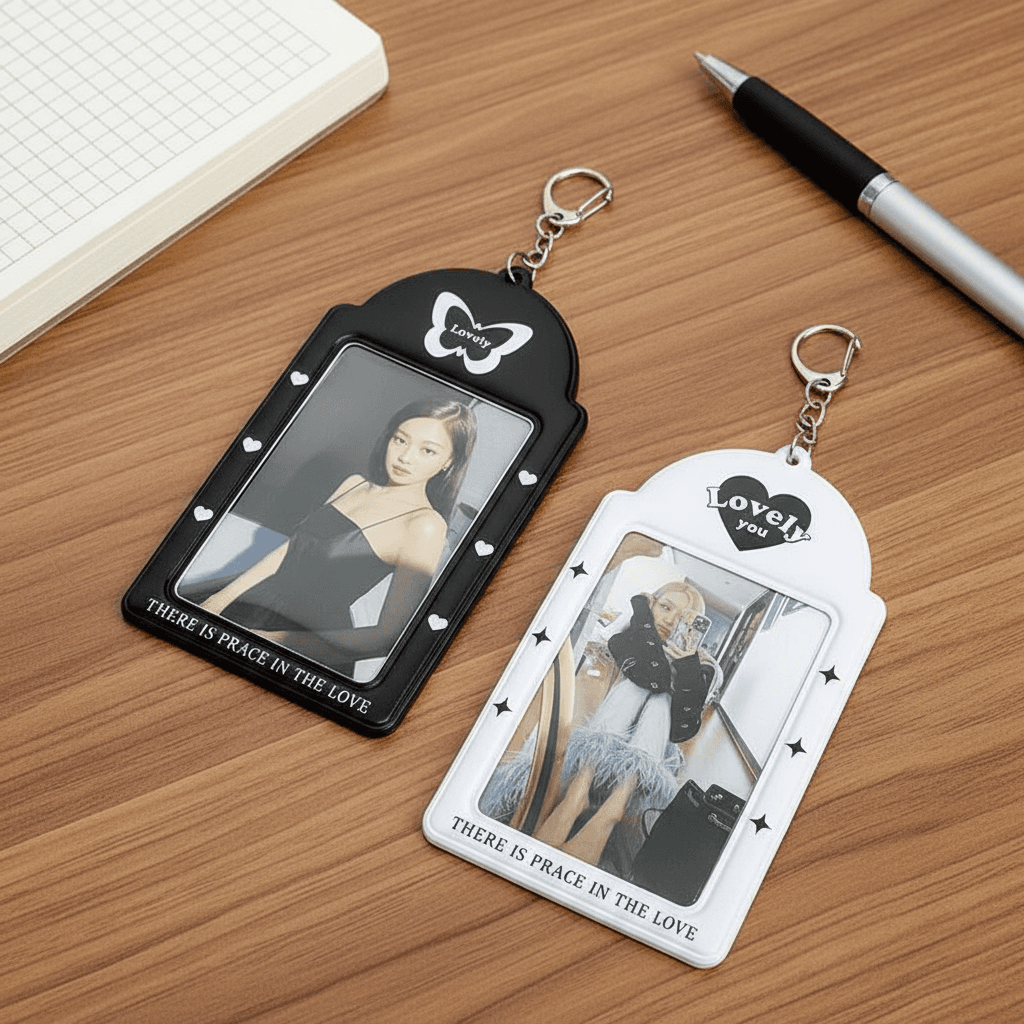 Estojo de Photocard Preto e Branco com Corrente - Porta-Fotos de Ídolo, Protetor para Cartão de Identificação de