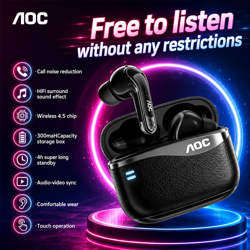 AOC ACT4625 Fones de Ouvido TWS Bluetooth 5.4 Fones de Ouvido 2.4G Dongle Fones de Ouvido Sem Fio para Jogos Redução de