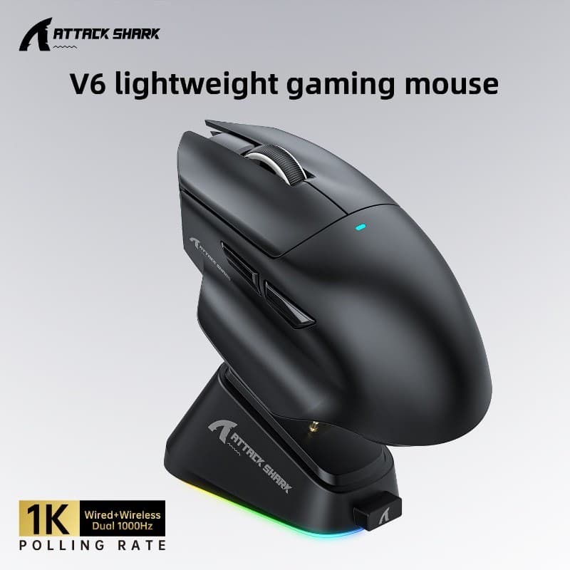 Mouse Gamer Sem Fio ATTACK SHARK V6 Tri-Modo Sensor PAW3311 25000 DPI Ultra Leve Conectividade 2.4G Bluetooth Com Fio