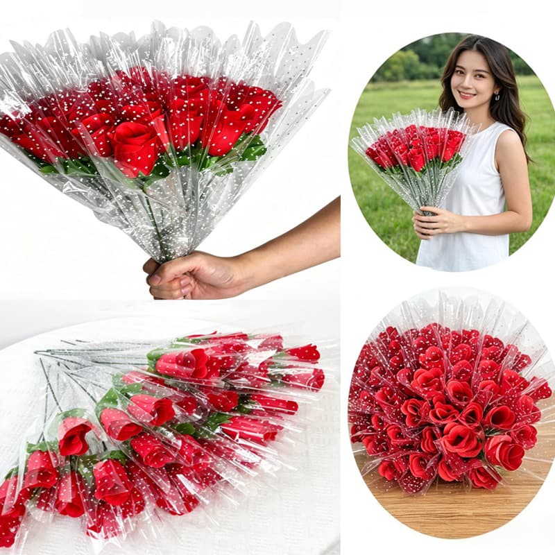 Kit De 30 Botões De Rosa Artificiais Vermelhos 32 Cm Com Pacote De Saco Opp , Plantas Falsas Presente De Dia Das Mães