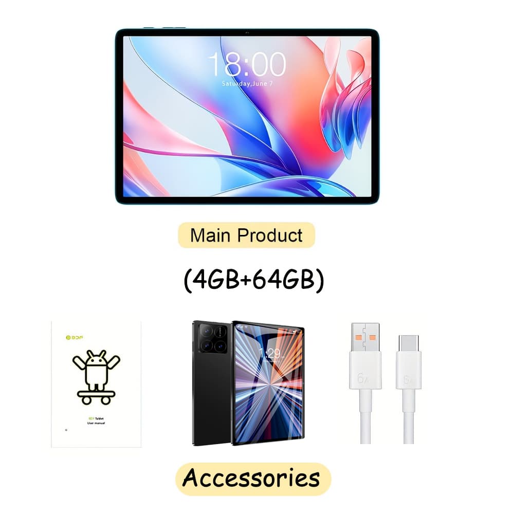 Tablet de Aprendizagem 10.1 Polegadas Android 13 PC 4GB RAM 64GB ROM Suporte Rede Celular WiFi Bluetooth