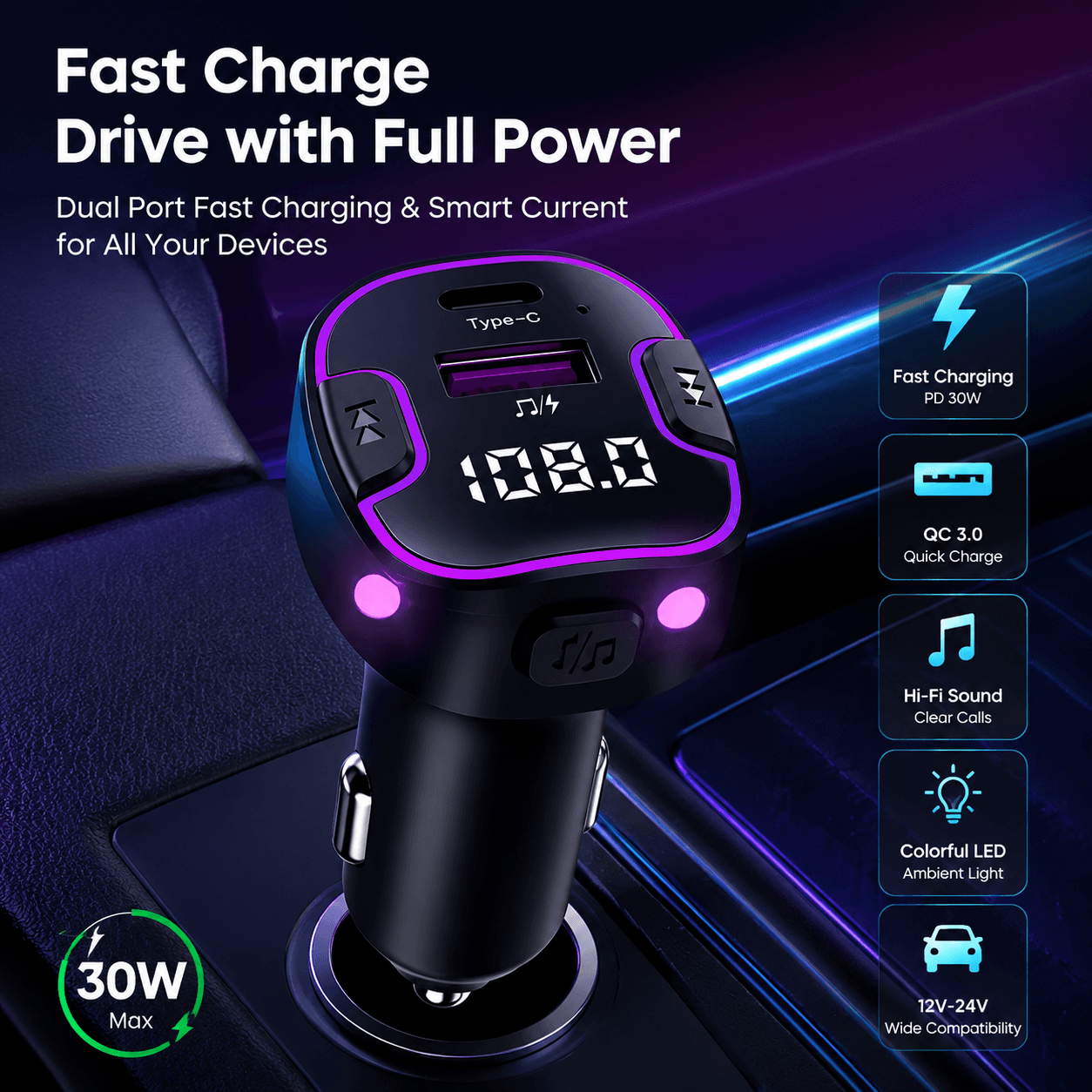 Adaptador Transmissor Fm BLUETOOTH Para Carro Portas USB Duplas Áudio Chamadas Mãos Livres