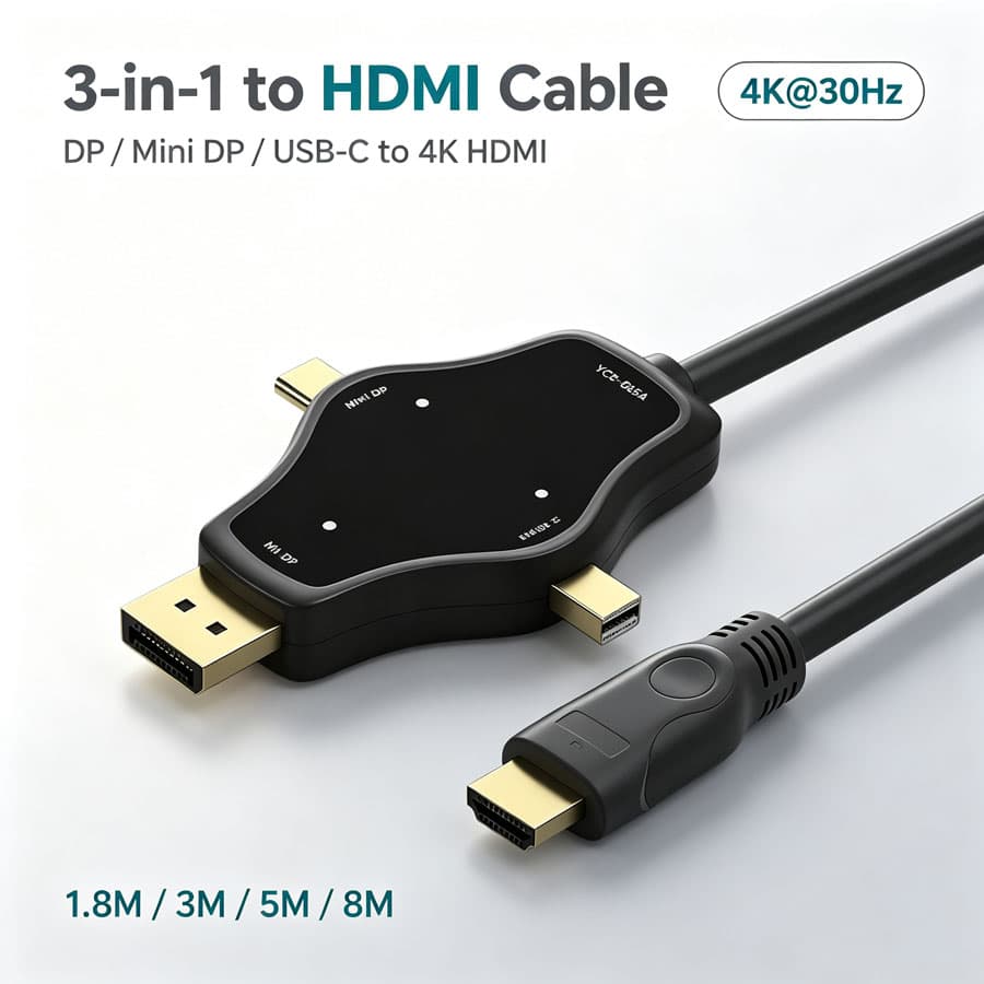 Cabo 3 em 1 USB-C/DP/Mini DP para HDMI 4K 30Hz Cabo Conversor Ultra HD Vídeo Preto Liga de Zinco Cabo de Exibição Longo