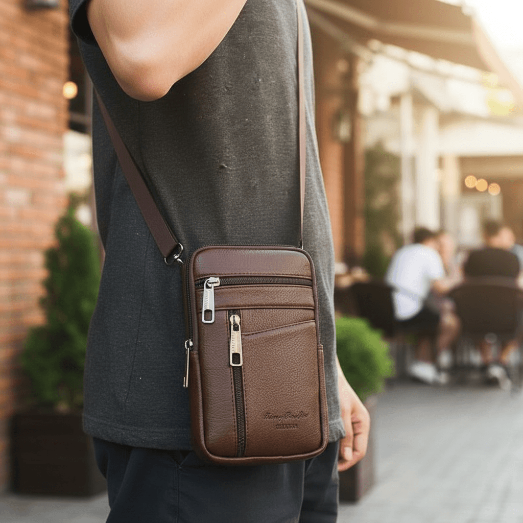 Mini bolsa de couro masculina tiracolo/cintura para celular