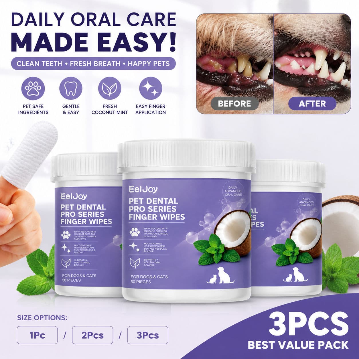 Lenços Dentais Avançados para Animais de Estimação 50 unidades – Dedo Escova de Dentes, Removedor de Placa, Limpador de