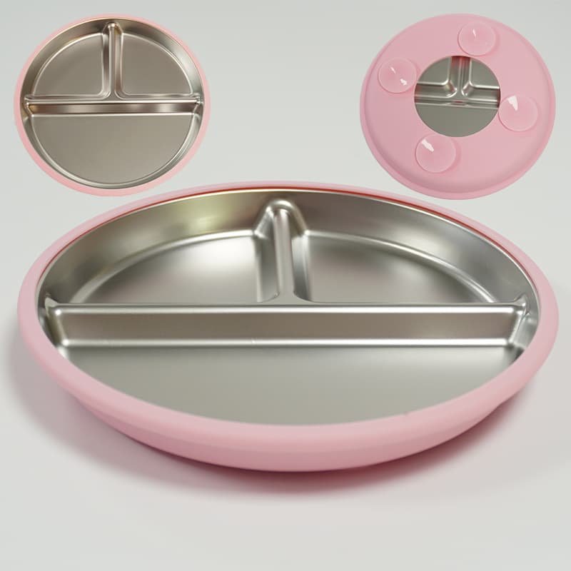 Prato de Aço Inoxidável Infantil com Tigela de Sucção – Conjunto de Alimentação Infantil com Bandeja de Silicone de Grau