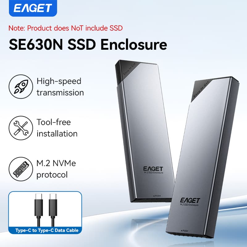 EAGET SE630N Gabinete para SSD M.2 NVMe 10Gbps Tipo-C Push-Pull Alumínio Dupla Dissipação de Calor Case Rígido Externo