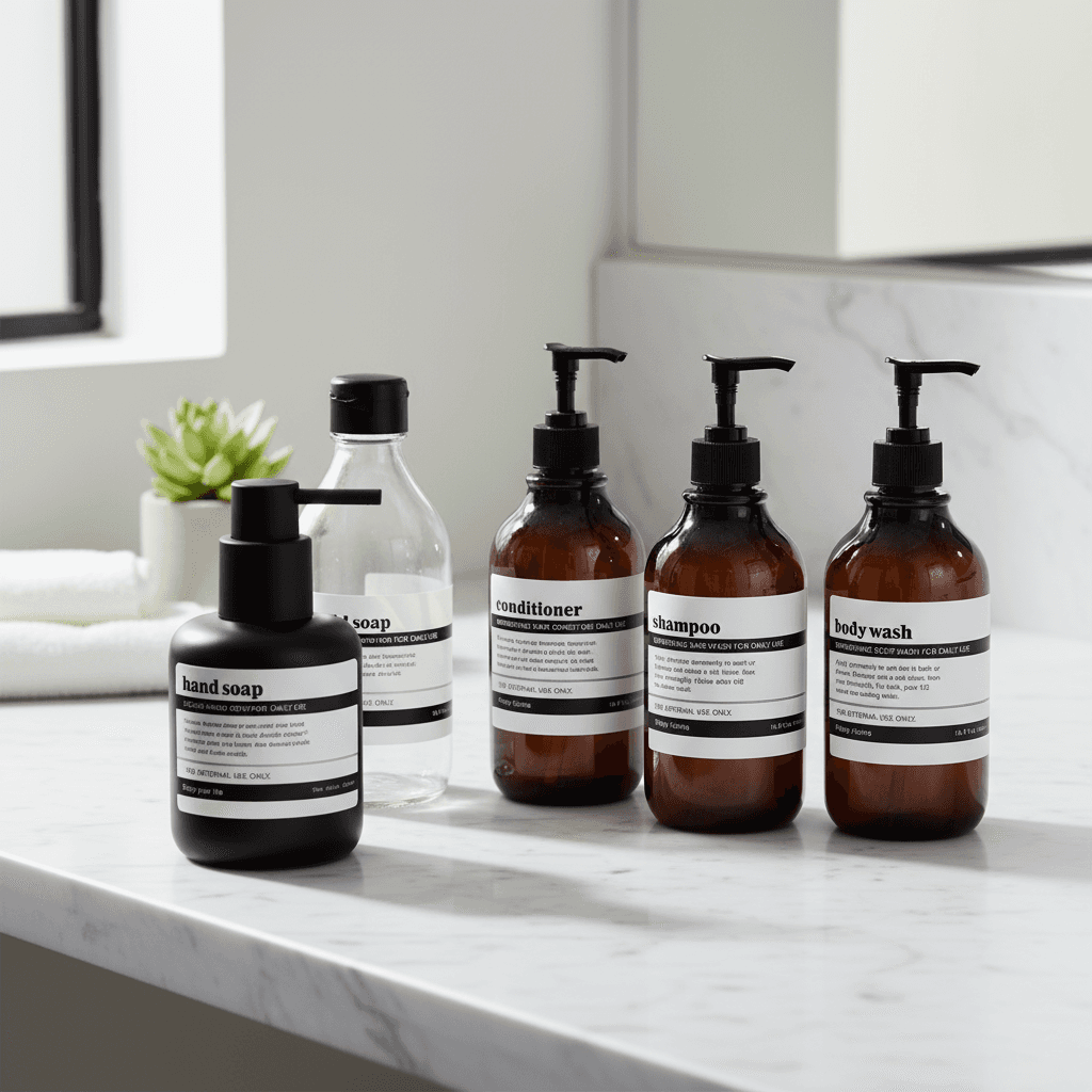8PCS Etiquetas Adesivas à Prova d'Água para Sabonete Líquido e Shampoo com Estilo Rústico para Dispensadores