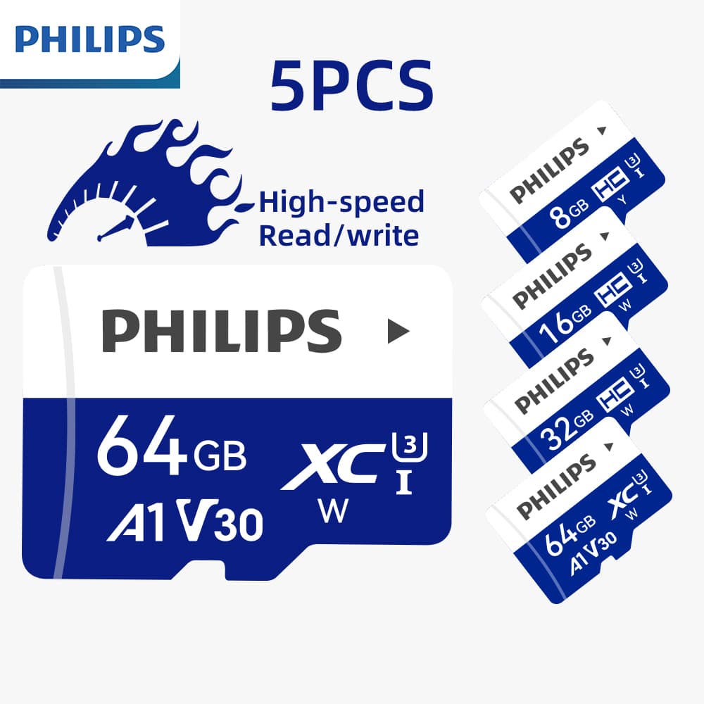 PHILIPS 5 unidades Cartão MicroSD A1 V30 de Alta Velocidade, até 100MB/s de leitura, para Câmera Veicular, Drone, Câmera