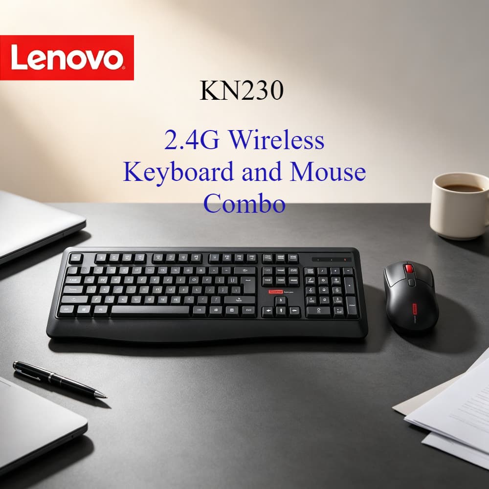 Conjunto de Teclado e Mouse Sem Fio Ergonômico Lenovo KN230, Teclado Completo com Teclas Estilo Chocolate e Mouse Óptico