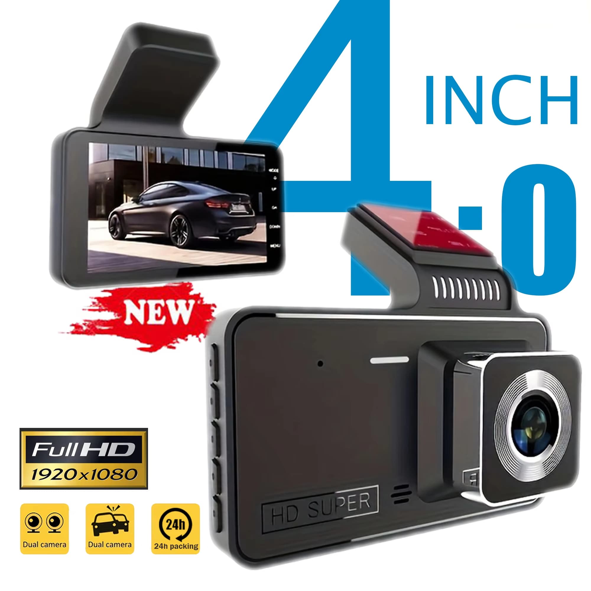 Câmera Veicular DVR Dashcam 4 Polegadas com Lentes Duplas Frontal e Traseira, Gravação em 1080p