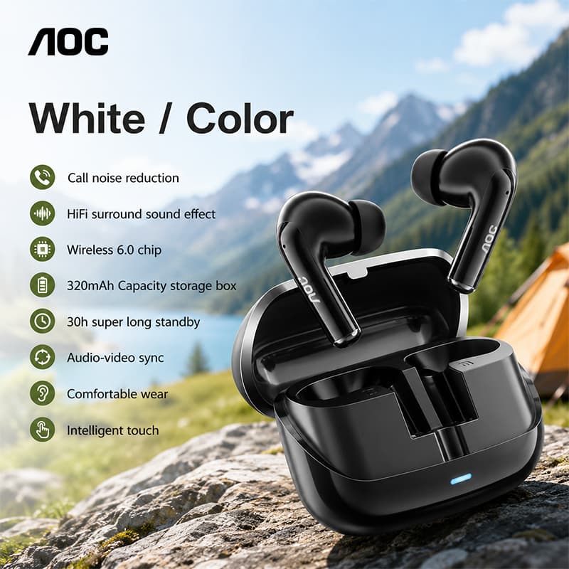 AOC ACT4635 Fones de Ouvido TWS 6.0 Fones Sem Fio 30H Bateria Efeito de Som Surround Baixa Latência Confortáveis Fones