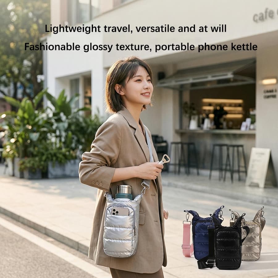 Nova Bolsa Tiracolo Brilhante para Garrafa de Água Acolchoada, Bolsa de Ombro Casual Esportiva para Mulheres, Bolsa