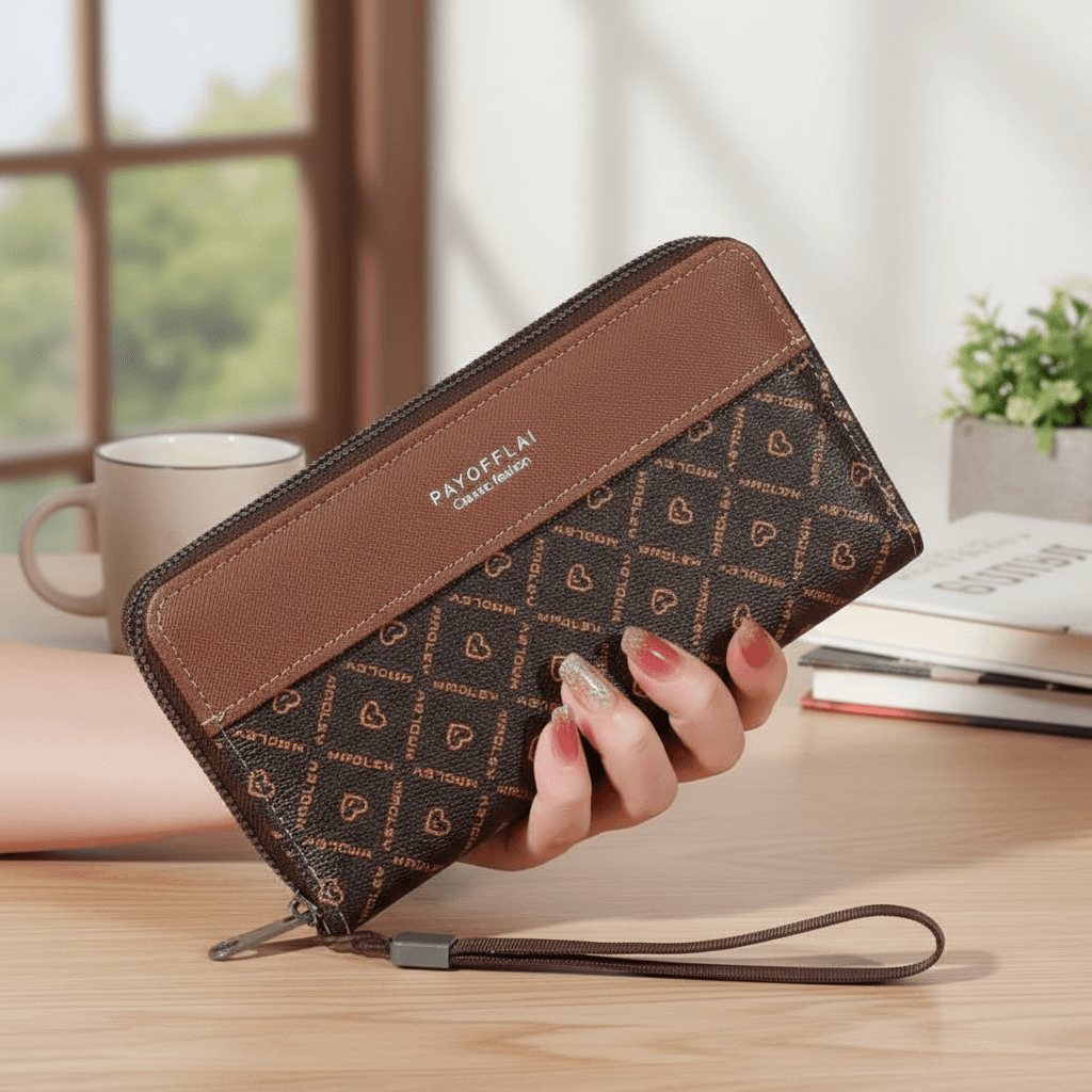 Carteira Feminina de Couro Bolsa de Negócios com Zíper Duplo para Celular e Porta-Cartões