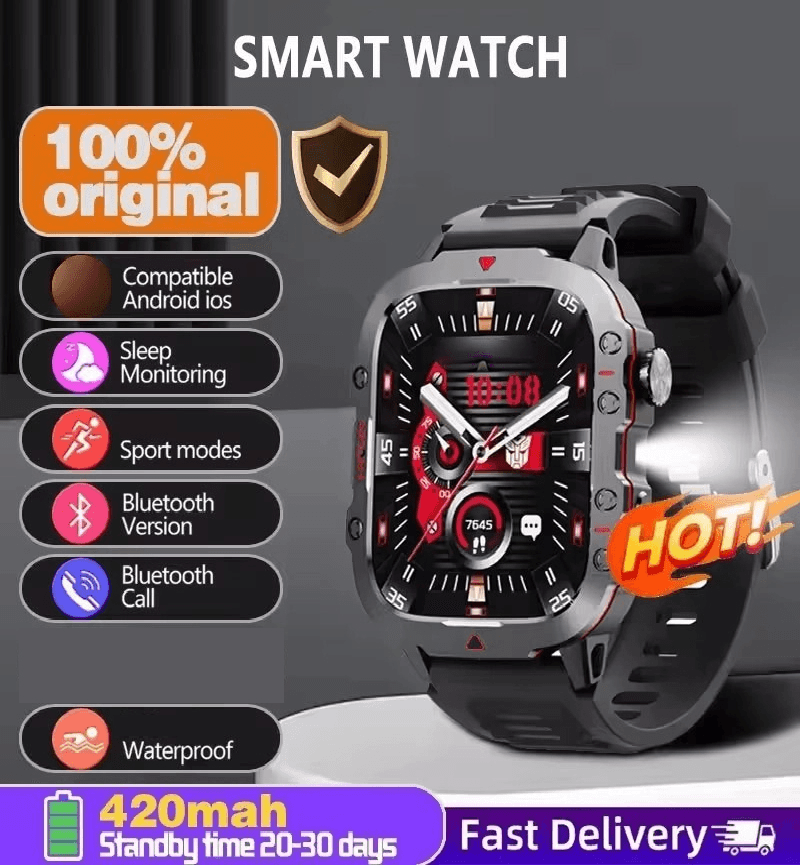Smartwatch Relógio Inteligente Masculino Ao Ar Livre À Prova D'água Tela HD LED Lanterna Bluetooth Falando