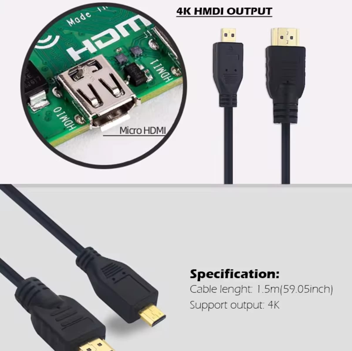 Cabo Micro HDMI-Compatível para HDMI de 3 m, cabo macho para macho, compatível com smartphones e tablets