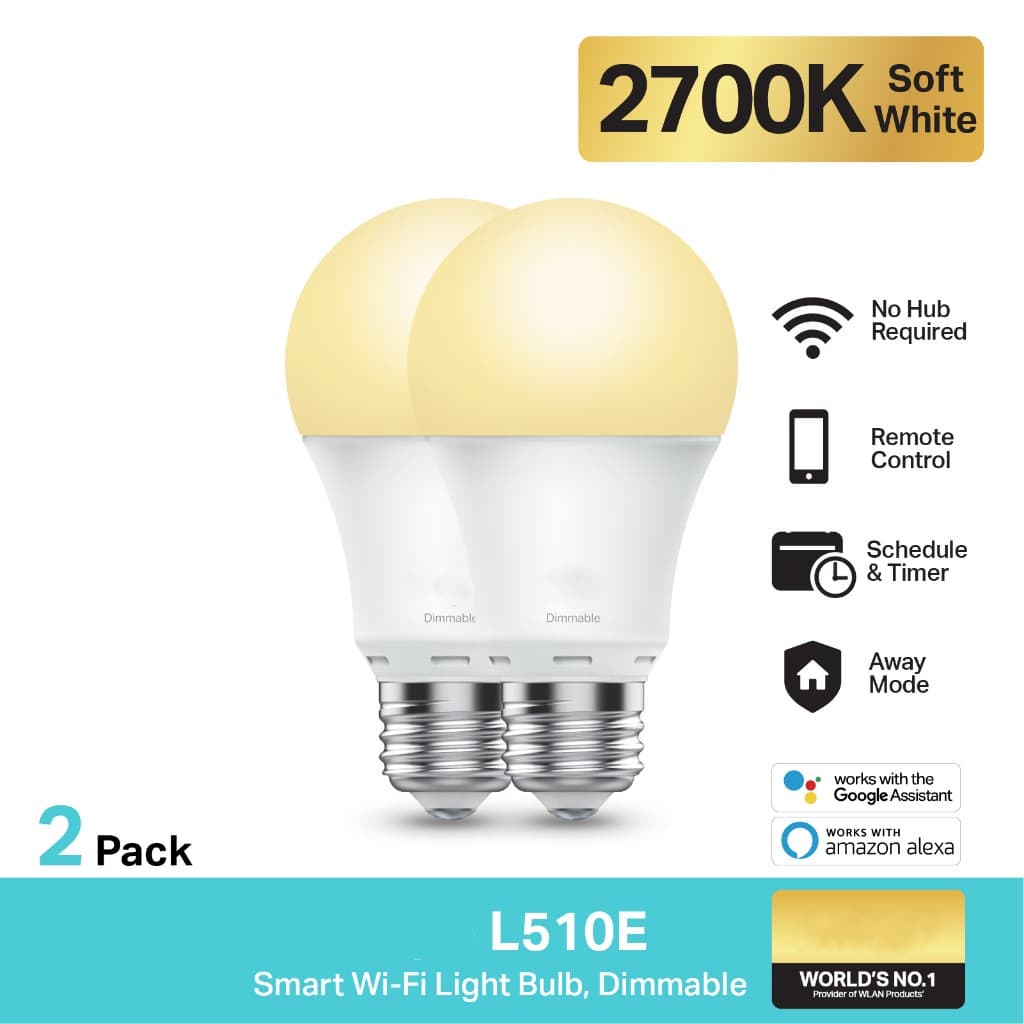 Pacote com 2 Lâmpadas Inteligentes Wi-Fi LED L510E – Luz Branca Quente 2700K, Regulável, Soquete E27 – Controle Remoto e