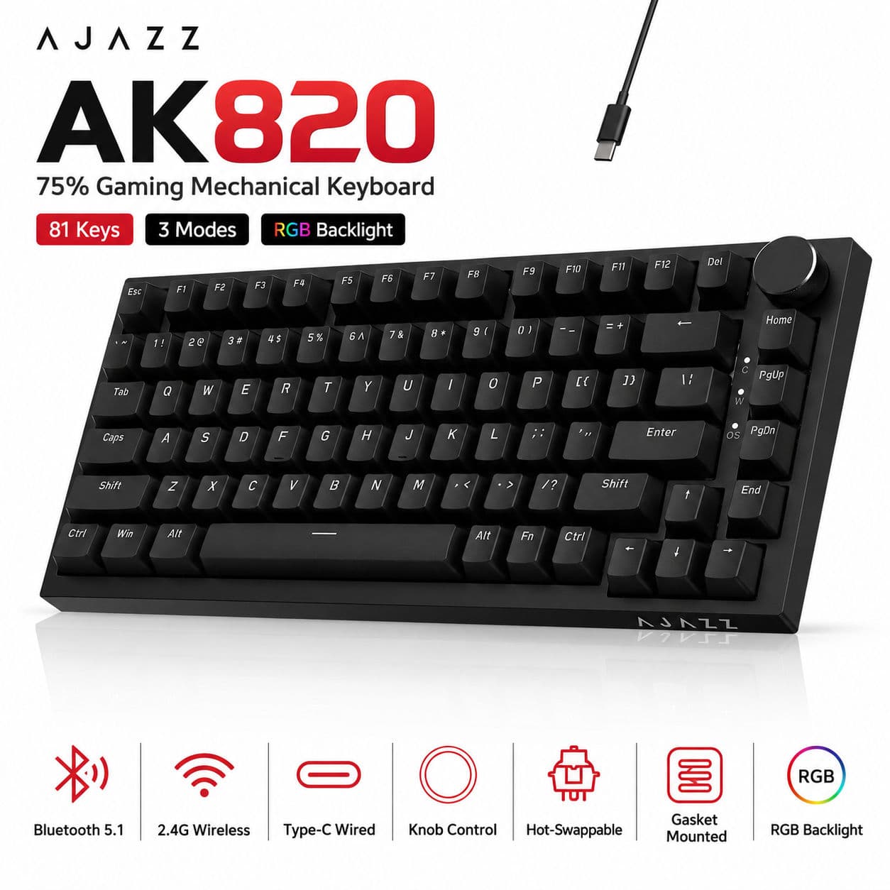 Teclado de Jogos Mecânico AJAZZ AK820/AK820 Pro com Modo Triplo, Bluetooth 5.1, Sem Fio e Com Fio, Botão Seletor, Troca