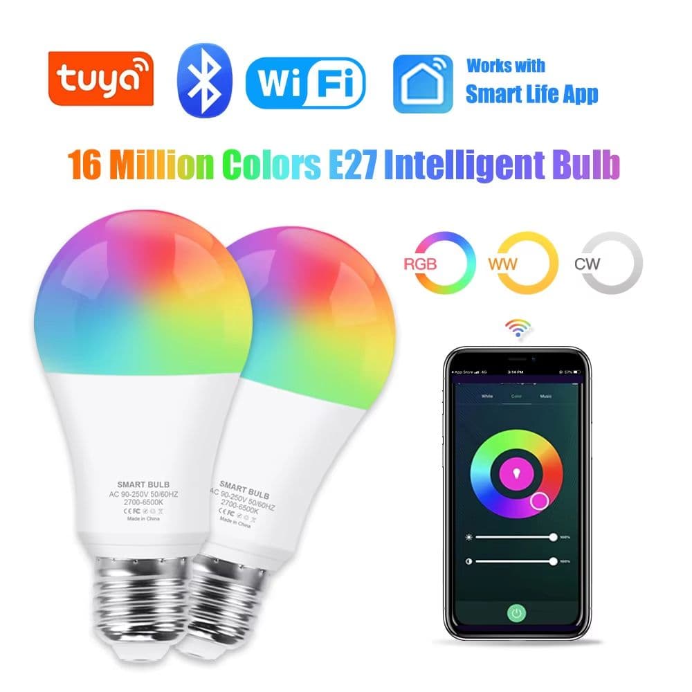 Lâmpada Inteligente Wi-Fi/Bluetooth SAIMILI Tuya E27 RGB Alexa LED, Lâmpadas Inteligentes AC, compatível com Google