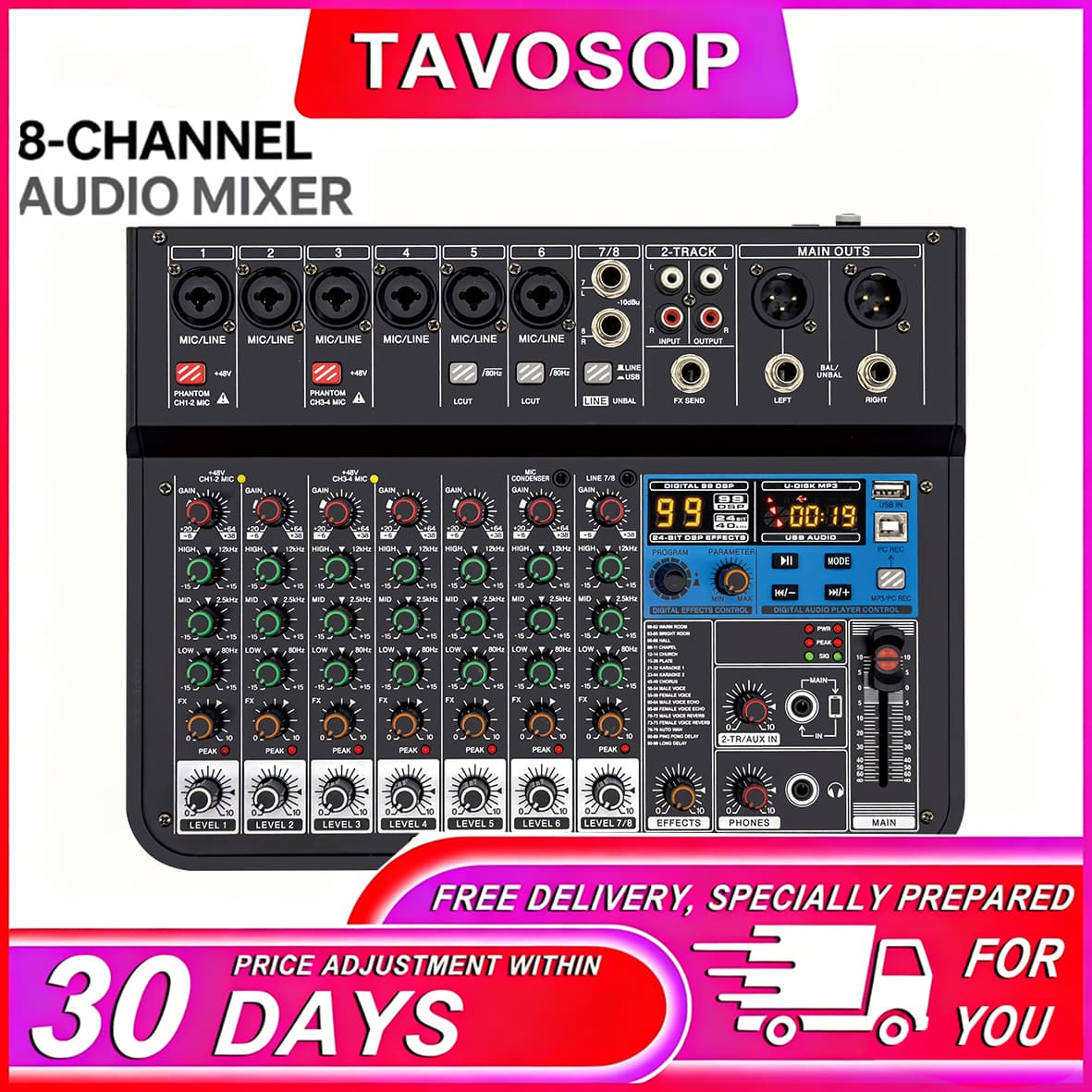 TAVOSOP Mesa de Som Profissional 6 Canais com 99 Efeitos DSP, Equalizador de 3 Bandas, Phantom Power 48V e Placa de Som