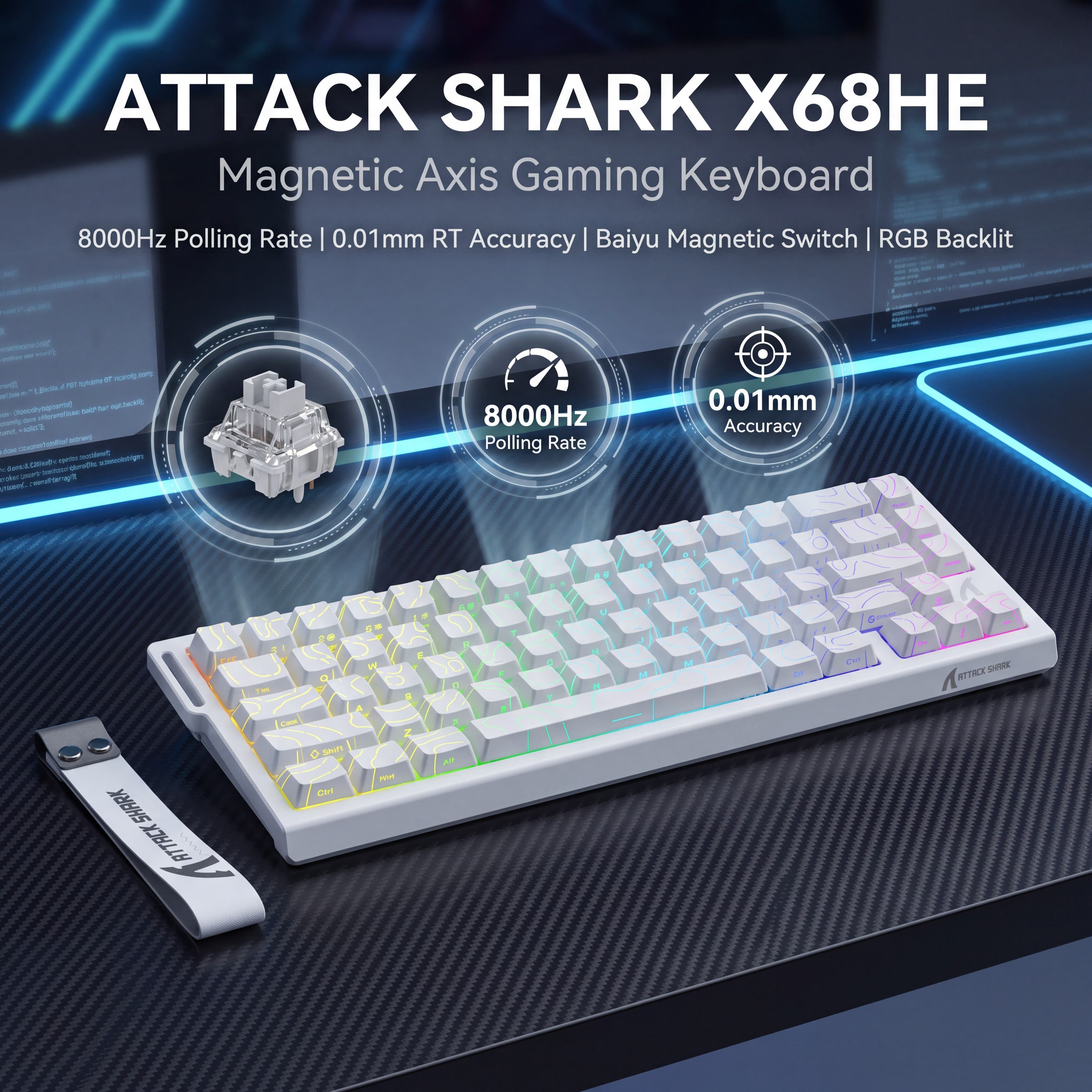 Teclado mecânico Attack Shark X68HE, comutadores magnéticos Baiyu, taxa de polling de 8000 Hz, teclado mecânico sem fio