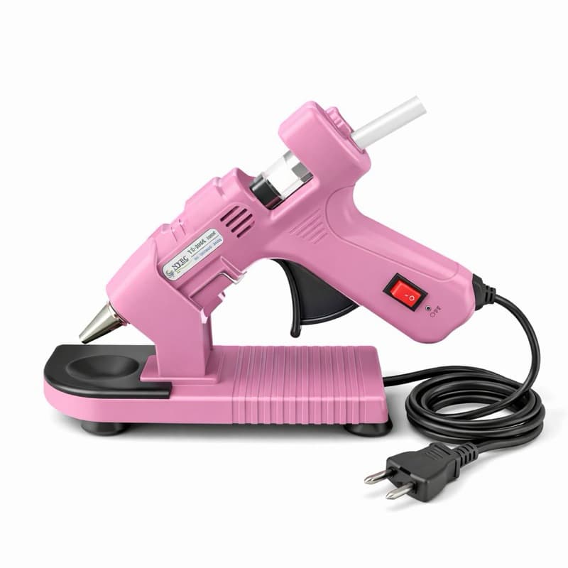 Pistola de Cola Quente Rosa com Suporte & 4 Bastões de Cola | Ferramenta Adesiva 100W para Reparos em Artesanato DIY,