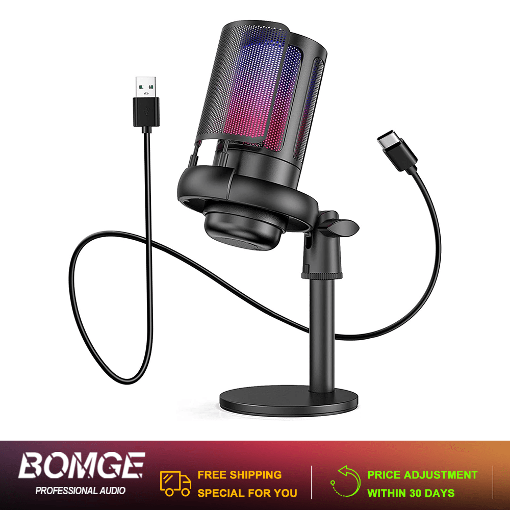 BOMGE Microfone Condensador USB Redução de Ruído RGB para PC Streaming Pro