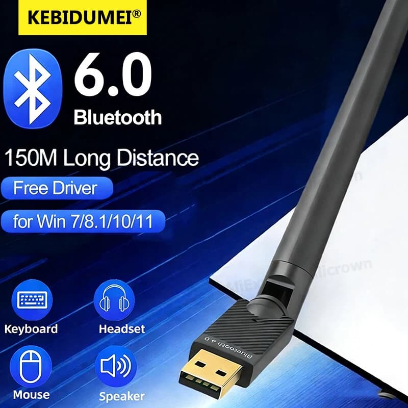 Adaptador USB Bluetooth 6.0 150M, Receptor/Transmissor de Áudio Bluetooth 5.4 com Antena 5dBi, Dongle para Notebook,