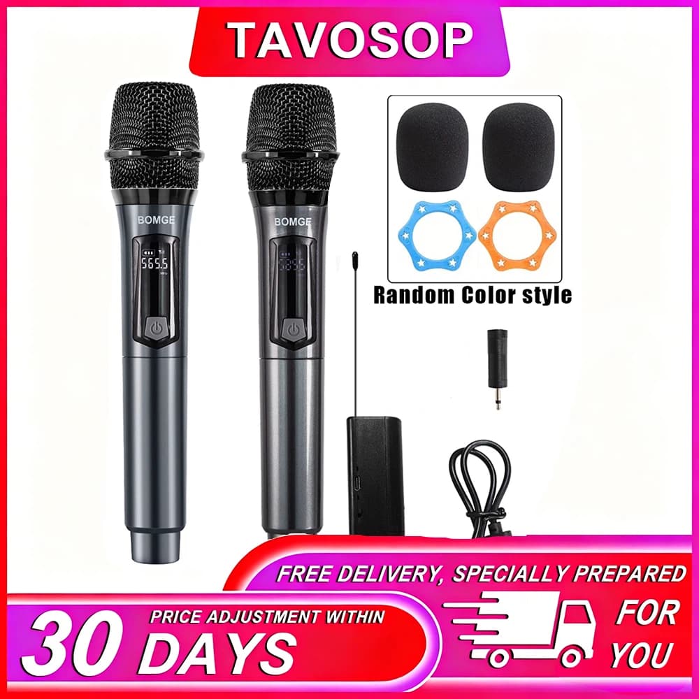 TAVOSOP Microfone Profissional Sistema Sem Fio UHF Duplo Microfone Dinâmico de Mão em Metal para Karaokê