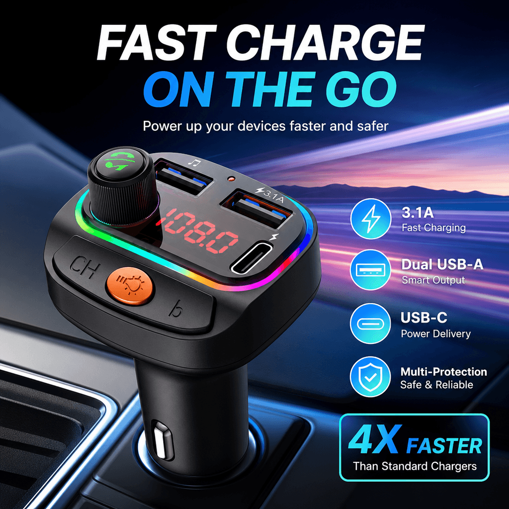 Carro BLUETOOTH 5.3 Transmissor Fm Mp3 Player Carregador USB Viva-Voz Carga Rápida 3.1a