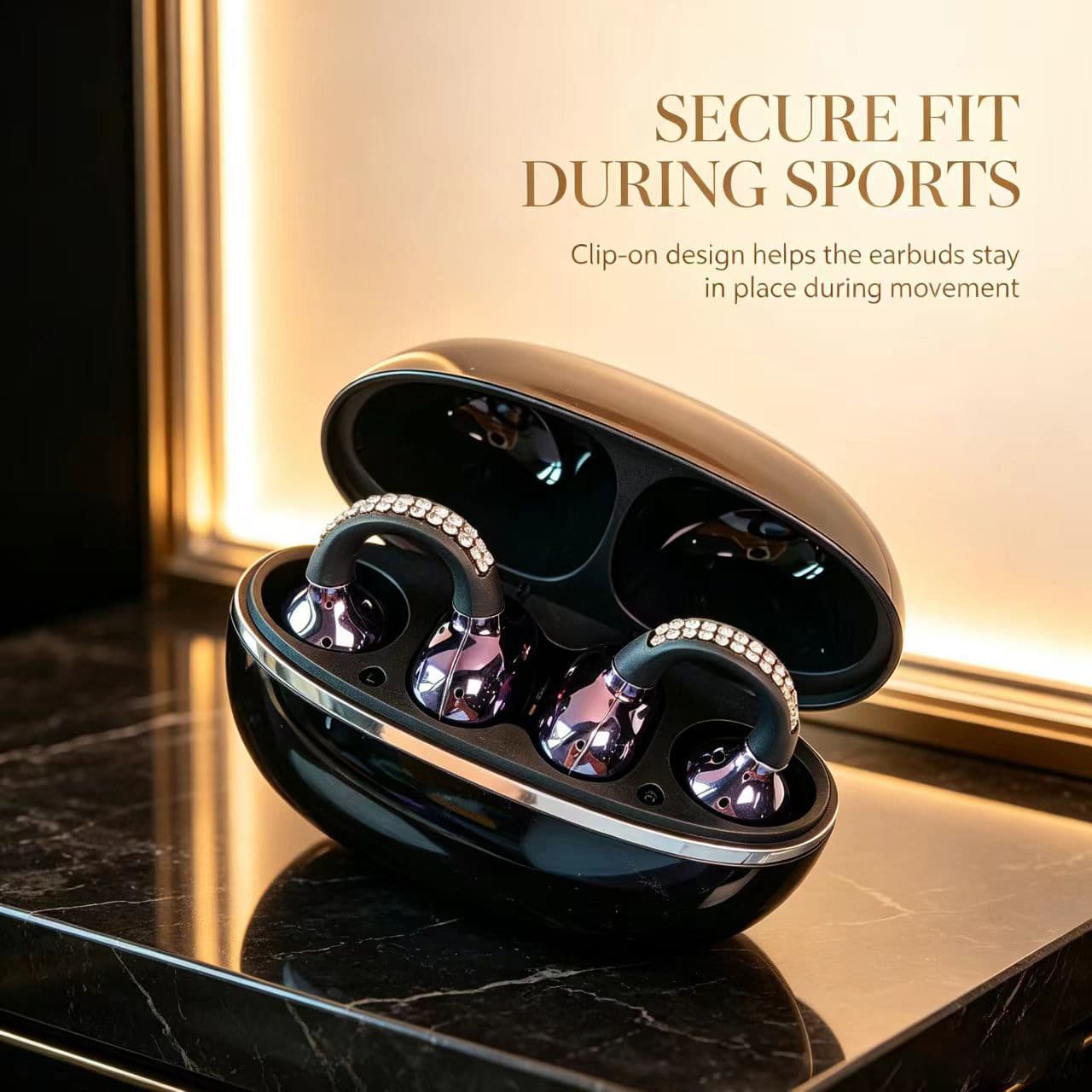 Fone de Ouvido Clip Abertos Rhinestone OWS, Fones de Ouvido Bluetooth 5.4 Sem Fio, Fones Estéreo HiFi, Fones de Ouvido