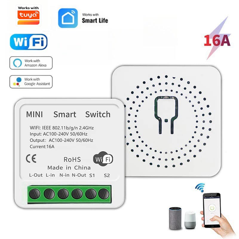 AXUS Para Módulo Mini Interruptor Inteligente WiFi Tuya 16A Disjuntor Controle Bidirecional Compatível com Alexa Google
