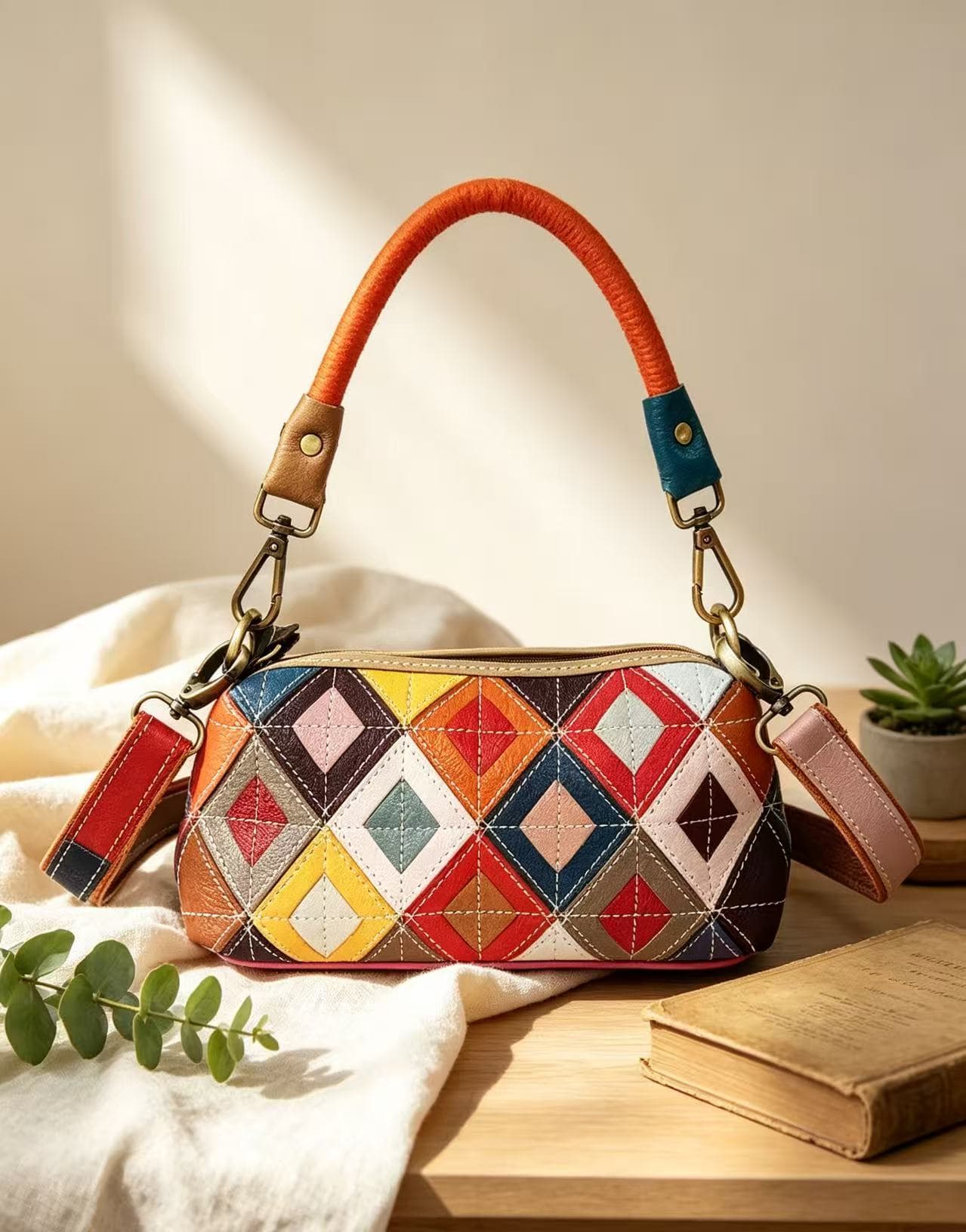 Bolsa Feminina Boho Retalhos em Losangos de Couro Mini Bolsa de Mão Colorida Tiracolo Transversal Bolsa de Almofada