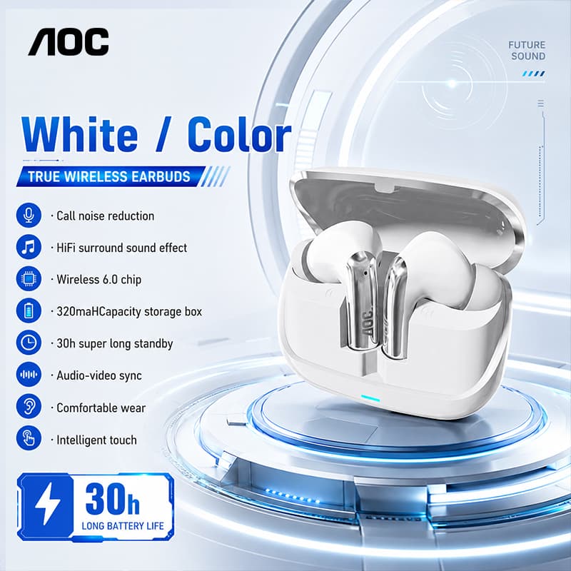 AOC ACT4635 Fones de Ouvido Bluetooth 6.0, Fones Intra-Auriculares, Fones de Alta Qualidade, Drivers de Som de Cinema,