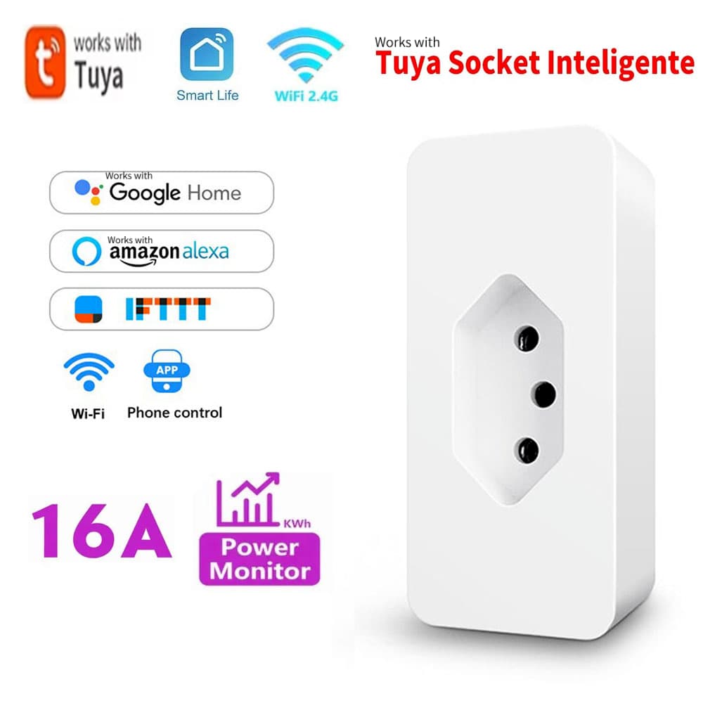 Plugue inteligente AXUS para Tuya WiFi 16A padrão brasileiro, tomada inteligente com monitoramento de energia, controle
