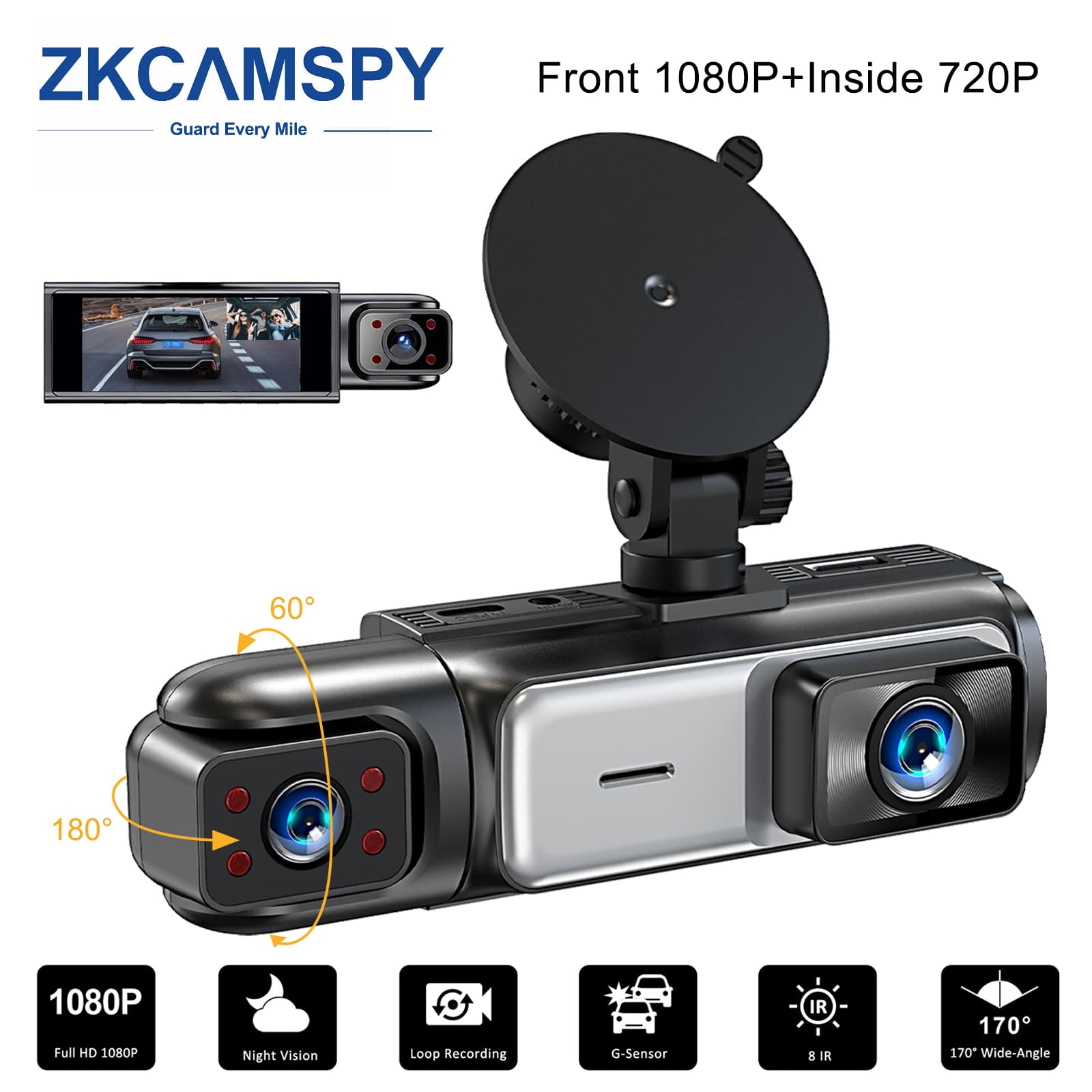 Câmera Veicular DVR 3 Canais 1080p Full HD, Visão Noturna IR, Sensor G, Gravação em Loop