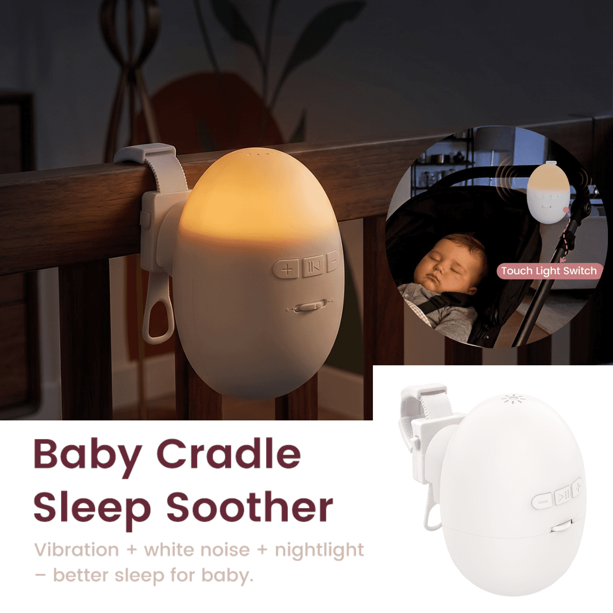 Berço portátil para bebê Shusher do sono, ruído branco ajustável e vibração calmante com luz noturna, dispositivo