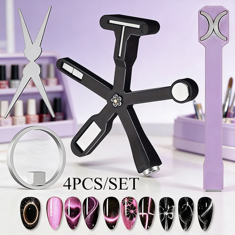 Kit 4 Peças Ímã para Unha Efeito Gato, Conjunto Varinha Magnética Estilo Melhorado para Efeitos de Flor, Francesa & Lua,