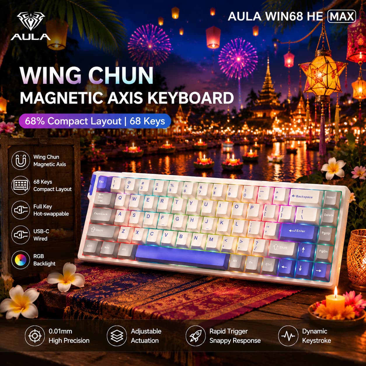 Teclado magnético AULA com eixo, teclado gamer sem fio, retroiluminação RGB, teclado portátil Bluetooth, design