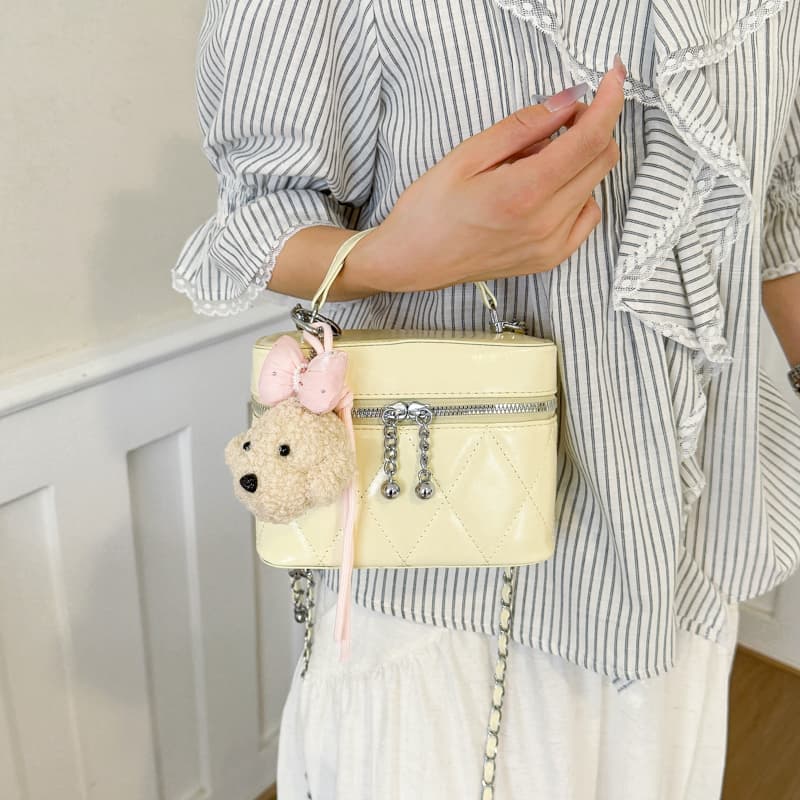 Mini Bolsa Caixa Losango | Bolsa de Mão com Pingente de Cachorro Fofo | Bolsa Tiracolo com Corrente | Bolsa Quadrada