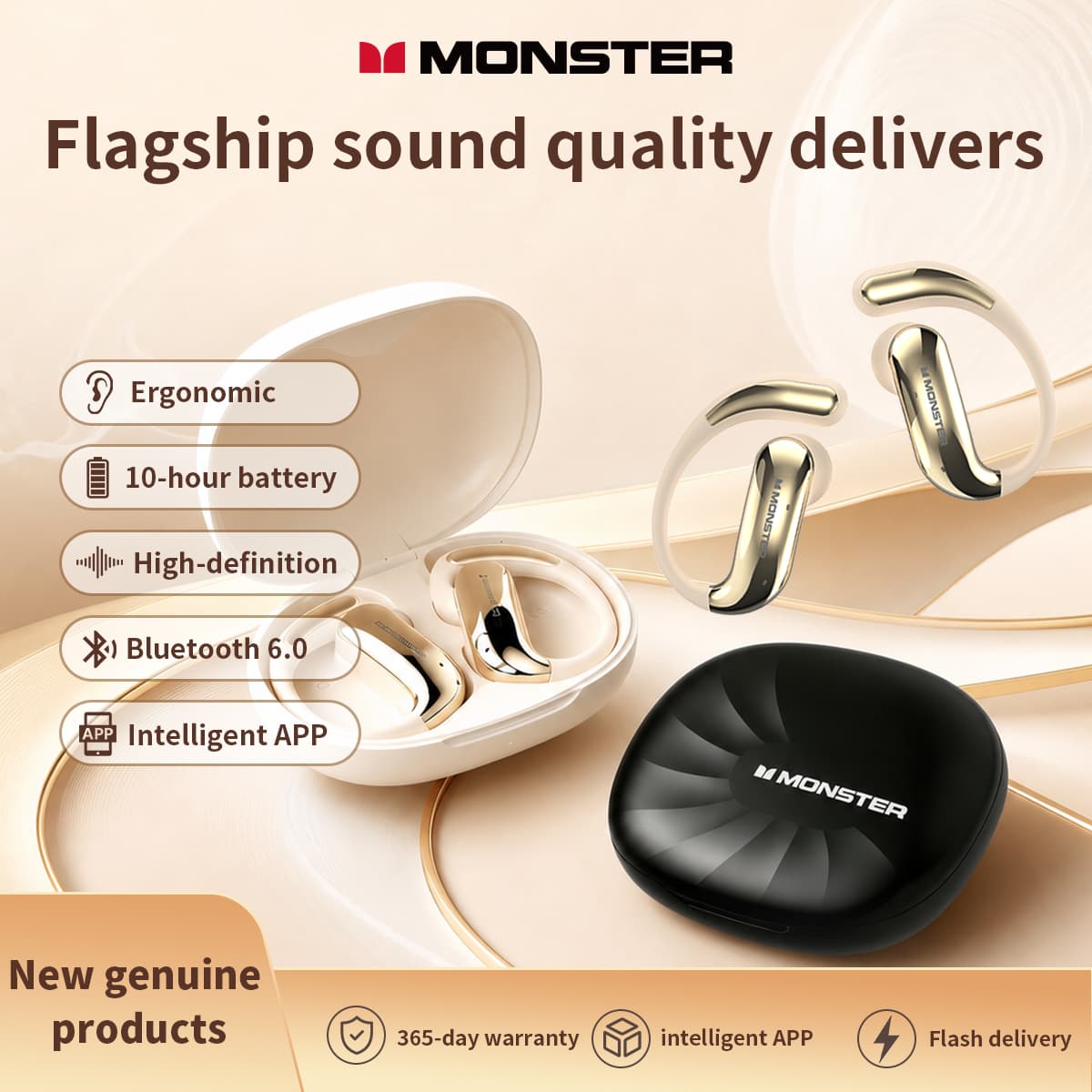 Fones de ouvido Monster HK10 sem gancho para as orelhas, fones Bluetooth 6.0, fones de ouvido abertos, aplicativo