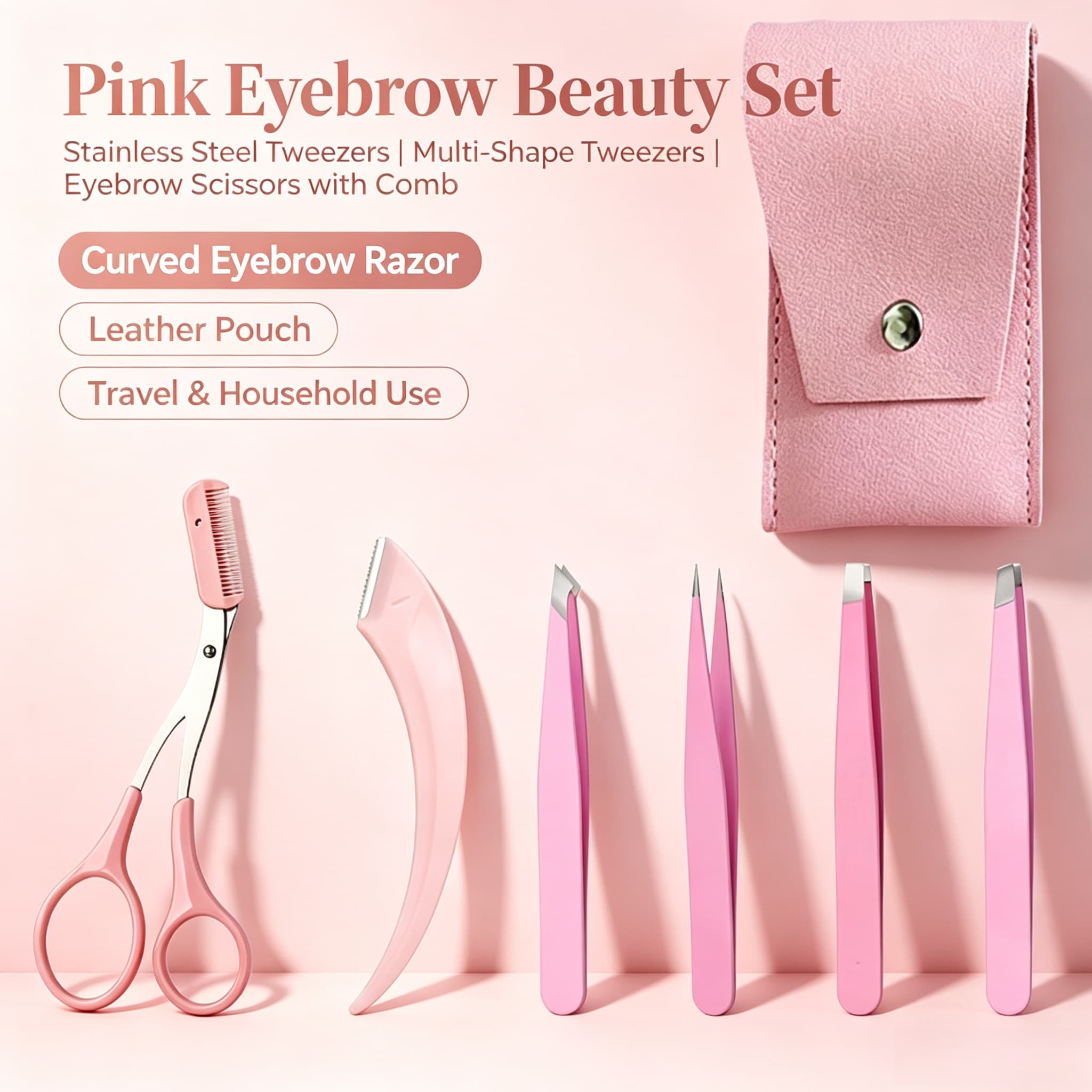 Kit de Sobrancelhas Rosa 6 peças, Pinças de Aço Inoxidável Multi-Formato, Tesoura para Sobrancelhas com Pente, Navalha