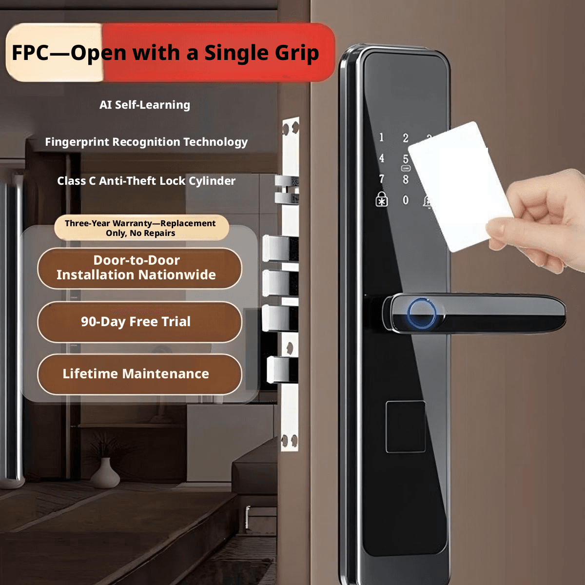 Fechadura De Porta Com Senha De Impressão Digital Inteligente , Quarto Sem Chave , Casa De Família , Escritório , Segura