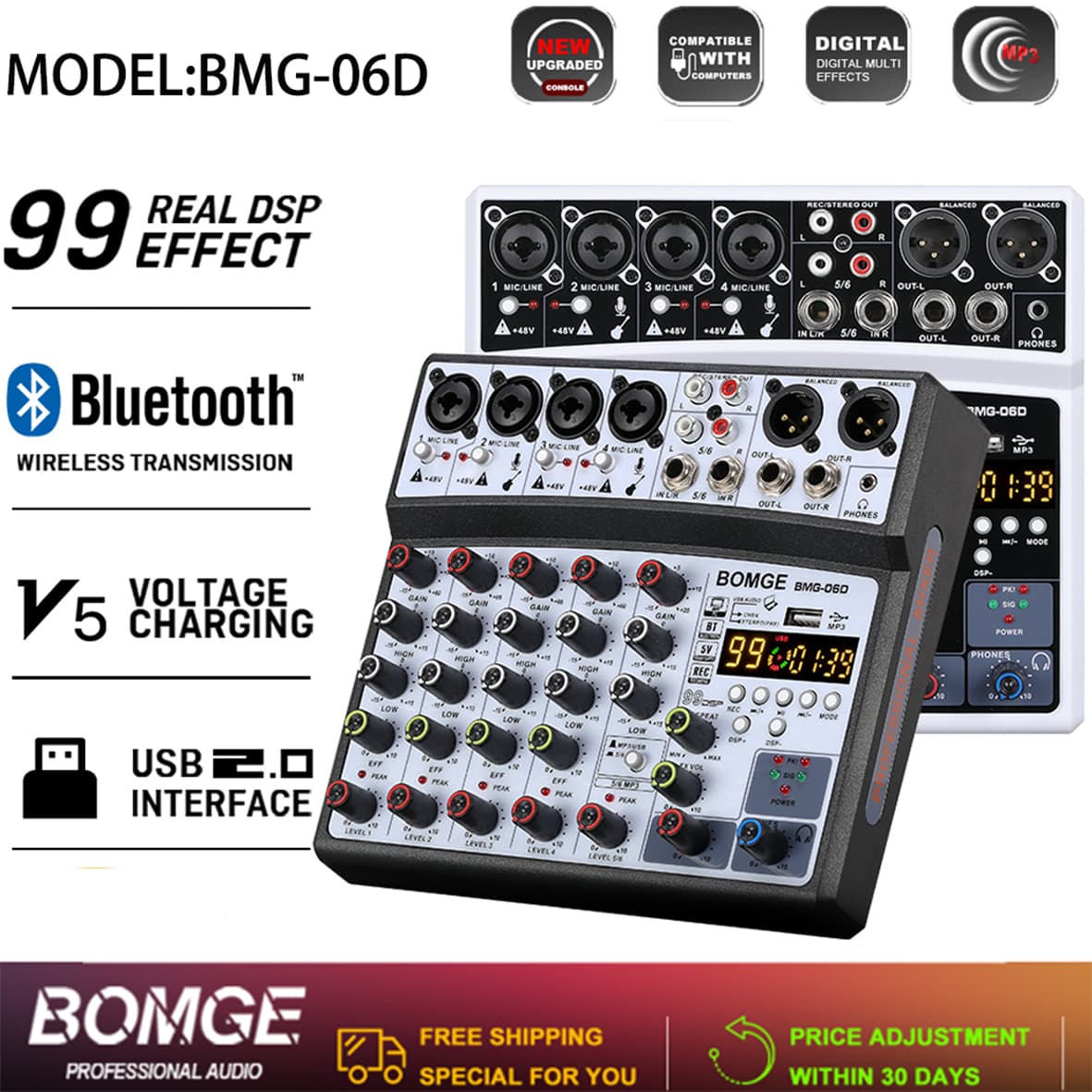BOMGE Interface Misturador de Áudio DJ Profissional 6 Canais MP3 USB Bluetooth 99DSP Pro HiFi Elite