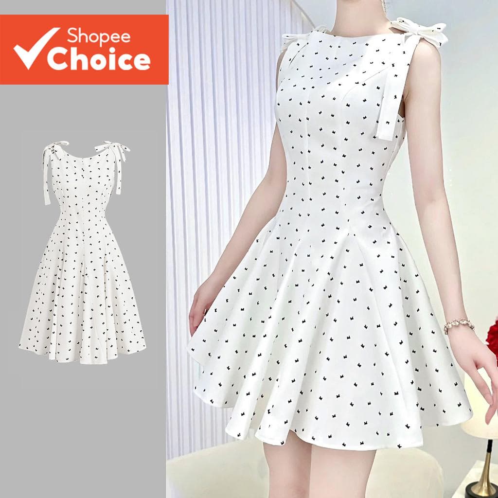 Lovito Vestido Feminino Casual Plissado Laço Primavera/Verão Preto e Branco