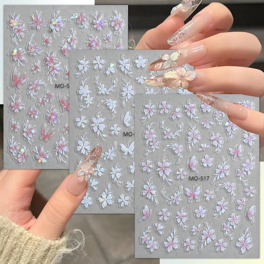 3/6 Folhas de adesivos de arte de unhas florais borboleta iridescentes 5D em relevo autoadesivos para manicure DIY