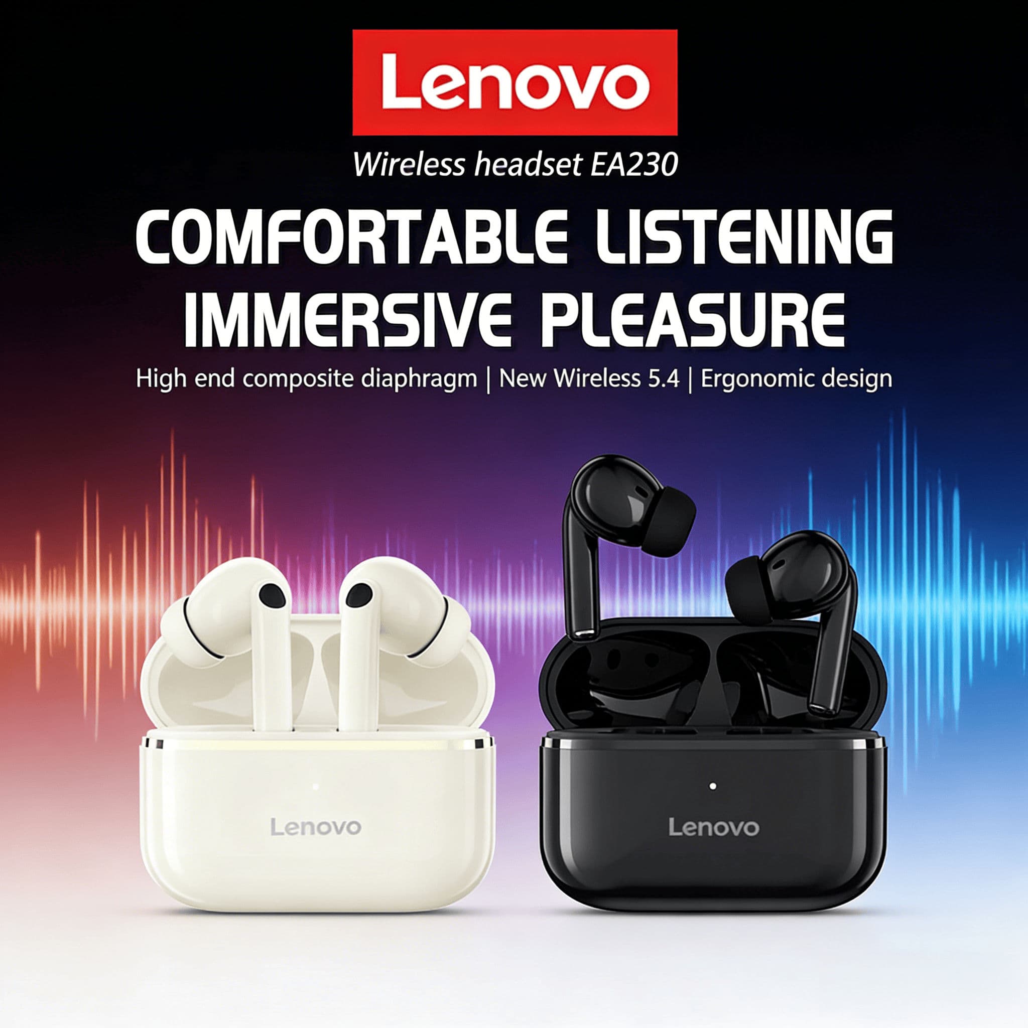 Fones de ouvido Lenovo EA230, sem fio TWS, fones de ouvido HiFi, bateria de 40H, Bluetooth 5.4, fones de ouvido